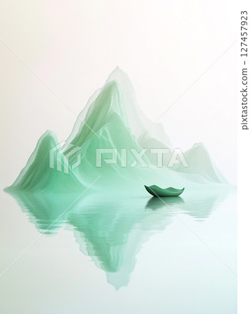 A tranquil minimalist artwork depicts layered green mountains reflected in calm water, with a small boat floating peacefully on the surface. 127457923
