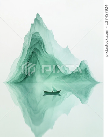 A tranquil minimalist artwork depicts layered green mountains reflected in calm water, with a small boat floating peacefully on the surface. A tranquil minimalist artwork depicts layered green mountains reflected in calm water, with a small boat floating peacefully on the surface. 127457924