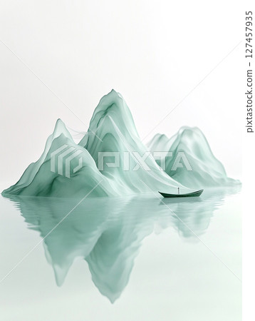 A tranquil minimalist artwork depicts layered green mountains reflected in calm water, with a small boat floating peacefully on the surface. A tranquil minimalist artwork depicts layered green mountains reflected in calm water, with a small boat floating peacefully on the surface. 127457935