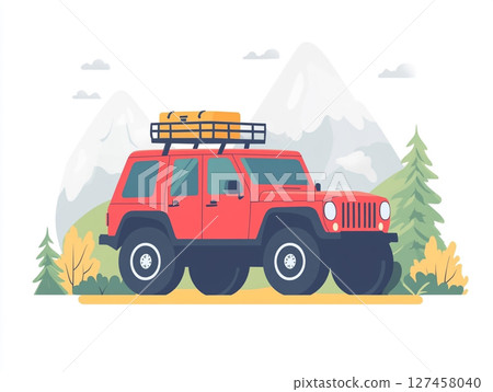 A red off-road SUV with a roof rack and spare tire is depicted in a stylized illustration, set against a mountain landscape 127458040