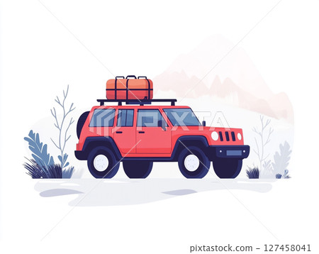 A red off-road SUV with a roof rack and spare tire is depicted in a stylized illustration, set against a mountain landscape 127458041