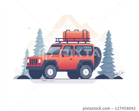 A red off-road SUV with a roof rack and spare tire is depicted in a stylized illustration, set against a mountain landscape 127458042