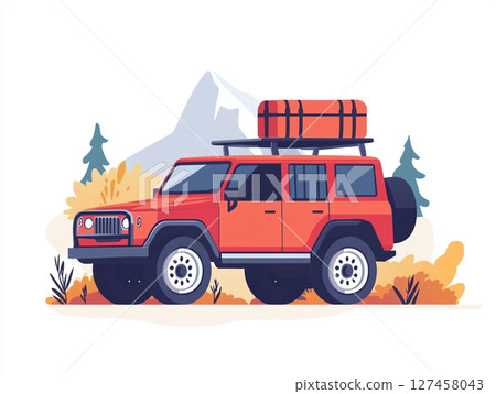 A red off-road SUV with a roof rack and spare tire is depicted in a stylized illustration, set against a mountain landscape 127458043