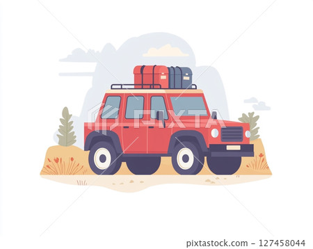 A red off-road SUV with a roof rack and spare tire is depicted in a stylized illustration, set against a mountain landscape 127458044