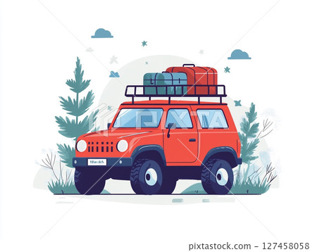 A red off-road SUV with a roof rack and spare tire is depicted in a stylized illustration, set against a mountain landscape 127458058