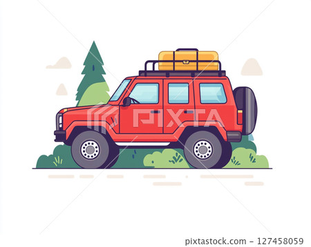 A red off-road SUV with a roof rack and spare tire is depicted in a stylized illustration, set against a mountain landscape 127458059