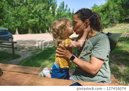 Tender Moment Between a Mother and Her Child Outdoors at a Park 127458074