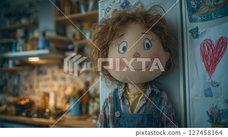 Soft fabric doll with curly hair leaning on refrigerator in cozy kitchen space warm colors and handmade look create nostalgic tone doll and kitchen repeat childhood home concept 127458164