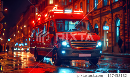 Emergency medical vehicle parked on city street illuminated by vibrant night lights and reflections 127458182