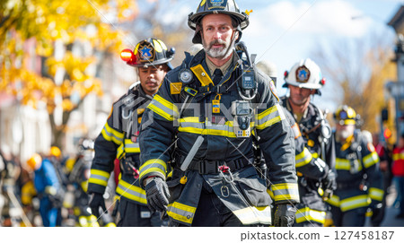 Firefighters in uniform walking confidently through a vibrant autumn street scene 127458187