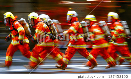 Firefighters in bright orange uniforms running swiftly during emergency response drill 127458190