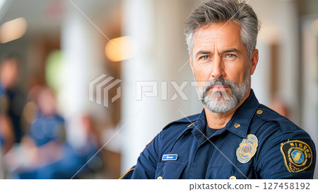 Mature man in police uniform with serious expression in a modern law enforcement setting 127458192