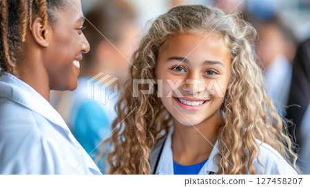 Smiling girl with curly hair wearing lab coat in cheerful group setting with bright atmosphere 127458207