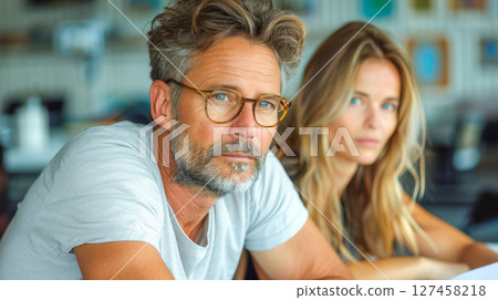 Mature couple with thoughtful expressions sitting together in a cozy cafe setting 127458218