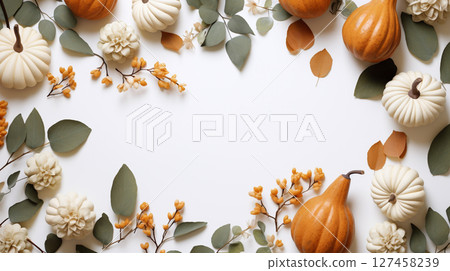 An overhead flat lay shows an autumnal arrangement of small orange and white pumpkins, eucalyptus leaves, and delicate cream flowers bordering a clean white background. 127458239