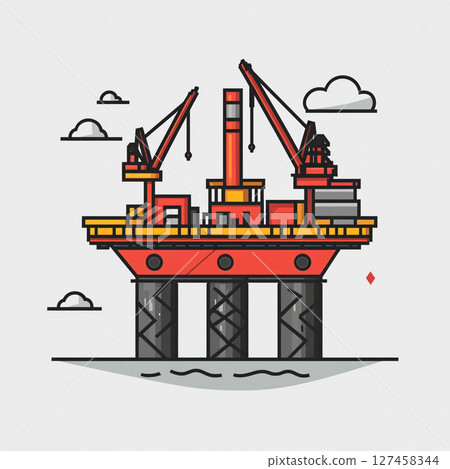 Colorful cartoon-style offshore oil rig with cranes, towers, and equipment floating on the sea, showcasing industrial energy infrastructure in a playful design. 127458344