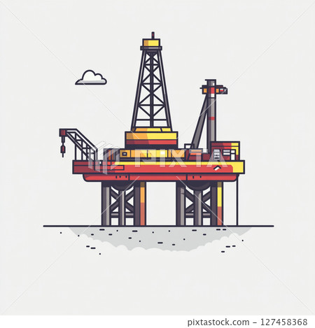 Colorful cartoon-style offshore oil rig with cranes, towers, and equipment floating on the sea, showcasing industrial energy infrastructure in a playful design. 127458368