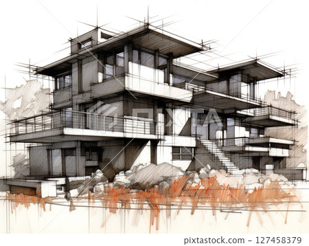 A hand-drawn architectural sketch of a modern house, possibly in the style of Frank Lloyd Wright, featuring clean lines, multiple levels, and surrounding trees. A hand-drawn architectural sketch of a modern house, possibly in the style of Frank Lloyd Wright, featuring clean lines, multiple levels, and surrounding trees. 127458379