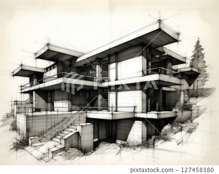 A hand-drawn architectural sketch of a modern house, possibly in the style of Frank Lloyd Wright, featuring clean lines, multiple levels, and surrounding trees. 127458380