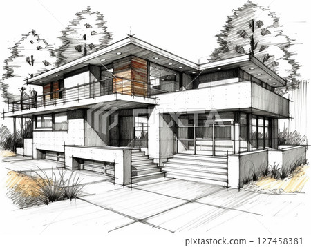 A hand-drawn architectural sketch of a modern house, possibly in the style of Frank Lloyd Wright, featuring clean lines, multiple levels, and surrounding trees. 127458381