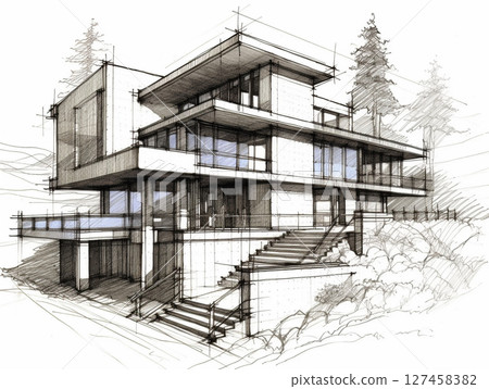 A hand-drawn architectural sketch of a modern house, possibly in the style of Frank Lloyd Wright, featuring clean lines, multiple levels, and surrounding trees. A hand-drawn architectural sketch of a modern house, possibly in the style of Frank Lloyd Wright, featuring clean lines, multiple levels, and surrounding trees. 127458382