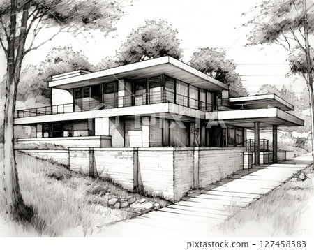 A hand-drawn architectural sketch of a modern house, possibly in the style of Frank Lloyd Wright, featuring clean lines, multiple levels, and surrounding trees. A hand-drawn architectural sketch of a modern house, possibly in the style of Frank Lloyd Wright, featuring clean lines, multiple levels, and surrounding trees. 127458383