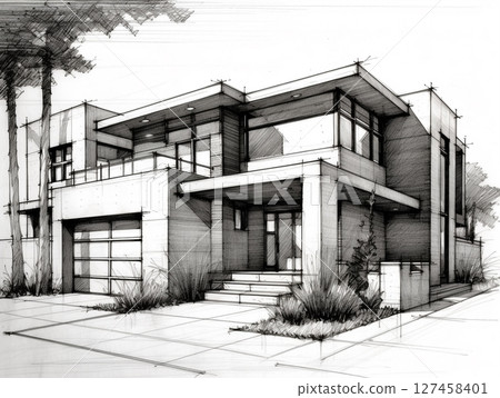 A hand-drawn architectural sketch of a modern house, possibly in the style of Frank Lloyd Wright, featuring clean lines, multiple levels, and surrounding trees. A hand-drawn architectural sketch of a modern house, possibly in the style of Frank Lloyd Wright, featuring clean lines, multiple levels, and surrounding trees. 127458401