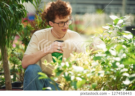 Growing flowers. Conception of watering. Young man with curly hair and in glasses is in greenhouse 127458443