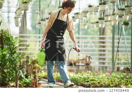 Watering the plants. Young man with curly hair and in glasses is in greenhouse 127458449