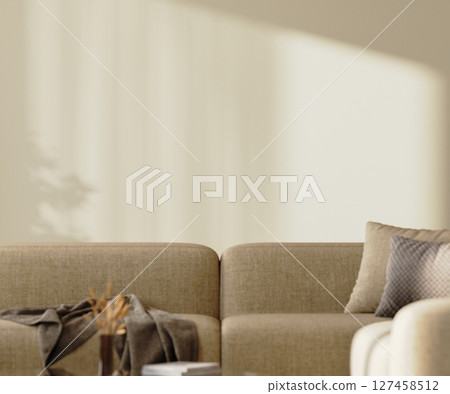 Empty beige wall mock-up with sunlight above brown sofa with pillows and decor, 3d render Empty beige wall mock-up with sunlight above brown sofa with pillows and decor, 3d render 127458512