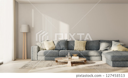 modern living room interior with blue sofa and empty white wall, 3d render 127458513