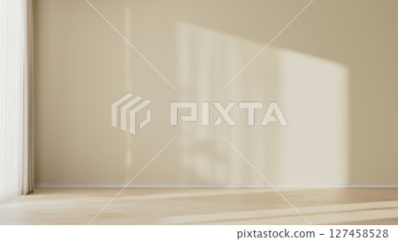 Empty room interior with beige walls with sunlight from a window, wooden floor, 3d render 127458528