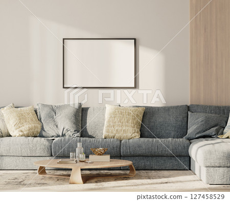 Horizontal frame mock-up in lounge interior with blue sofa and table with wooden panel on the wall, 3d render 127458529