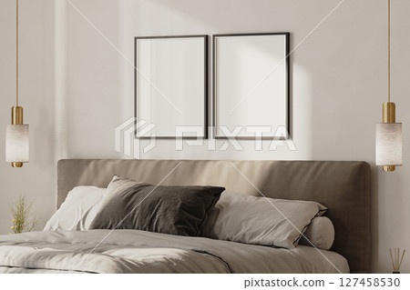two blank picture frames mock-up above bed in modern bedroom interior, 3d render two blank picture frames mock-up above bed in modern bedroom interior, 3d render 127458530