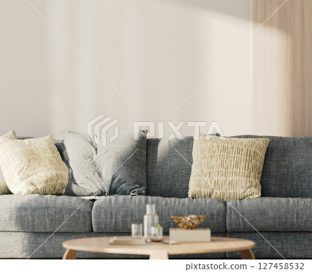 Close-up of a white empty wall in living room with blue sofa and table with decor, 3d render 127458532
