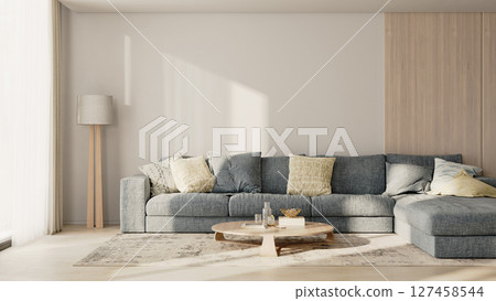 Living room interior with big blue sofa with pillows, wooden panel, table with decor, floor lamp and rug, 3d render Living room interior with big blue sofa with pillows, wooden panel, table with decor, floor lamp and rug, 3d render 127458544
