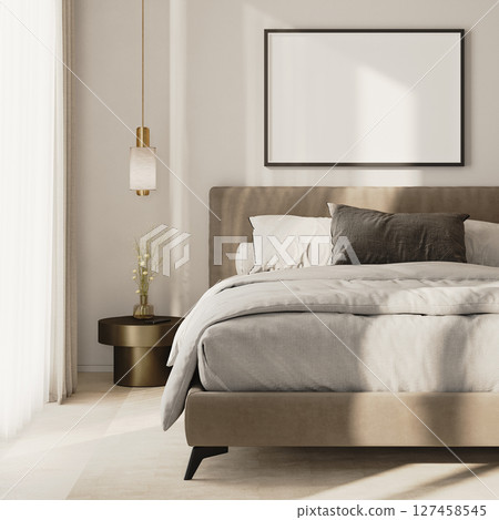 horizontal picture frame mock-up above bed in modern bedroom interior, 3d render horizontal picture frame mock-up above bed in modern bedroom interior, 3d render 127458545