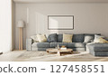 Horizontal picture frame in modern living room interior with blue sofa and white wall, 3d render 127458551