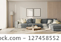 two frames mock-up on a white wall with wooden panel above the sofa with pillows in modern living room lounge zone, 3d render 127458552