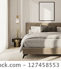 poster frame mock-up above bed in modern bedroom interior, 3d render 127458553