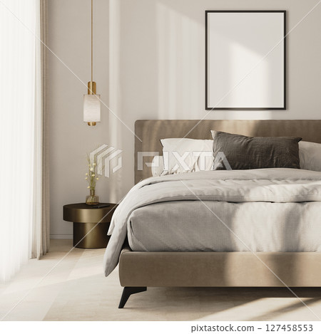 poster frame mock-up above bed in modern bedroom interior, 3d render 127458553