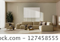Big empty canvas mock-up in modern living room interior in beige tones, 3d render 127458555