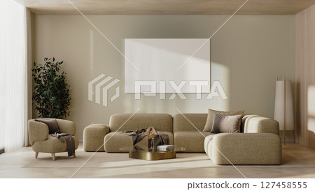 Big empty canvas mock-up in modern living room interior in beige tones, 3d render Big empty canvas mock-up in modern living room interior in beige tones, 3d render 127458555