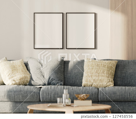 Two blank frames in lounge interior with blue sofa and table with wooden panel on the wall, 3d render 127458556