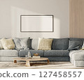 horizontal frame mock-up above the sofa with pillows in modern living room lounge zone, 3d render 127458557