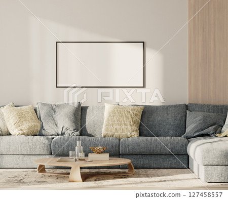 horizontal frame mock-up above the sofa with pillows in modern living room lounge zone, 3d render 127458557