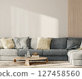 Lounge with blue sofa and table with wooden panel on the wall, living room interior mock-up, 3d render 127458560