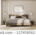 horizontal picture frame mock up above bed in modern bedroom interior, 3d render 127458562