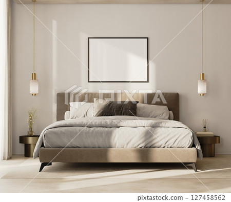 horizontal picture frame mock up above bed in modern bedroom interior, 3d render horizontal picture frame mock up above bed in modern bedroom interior, 3d render 127458562