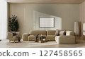 Horizontal frame mock-up in modern living room interior in beige tones, 3d render 127458565